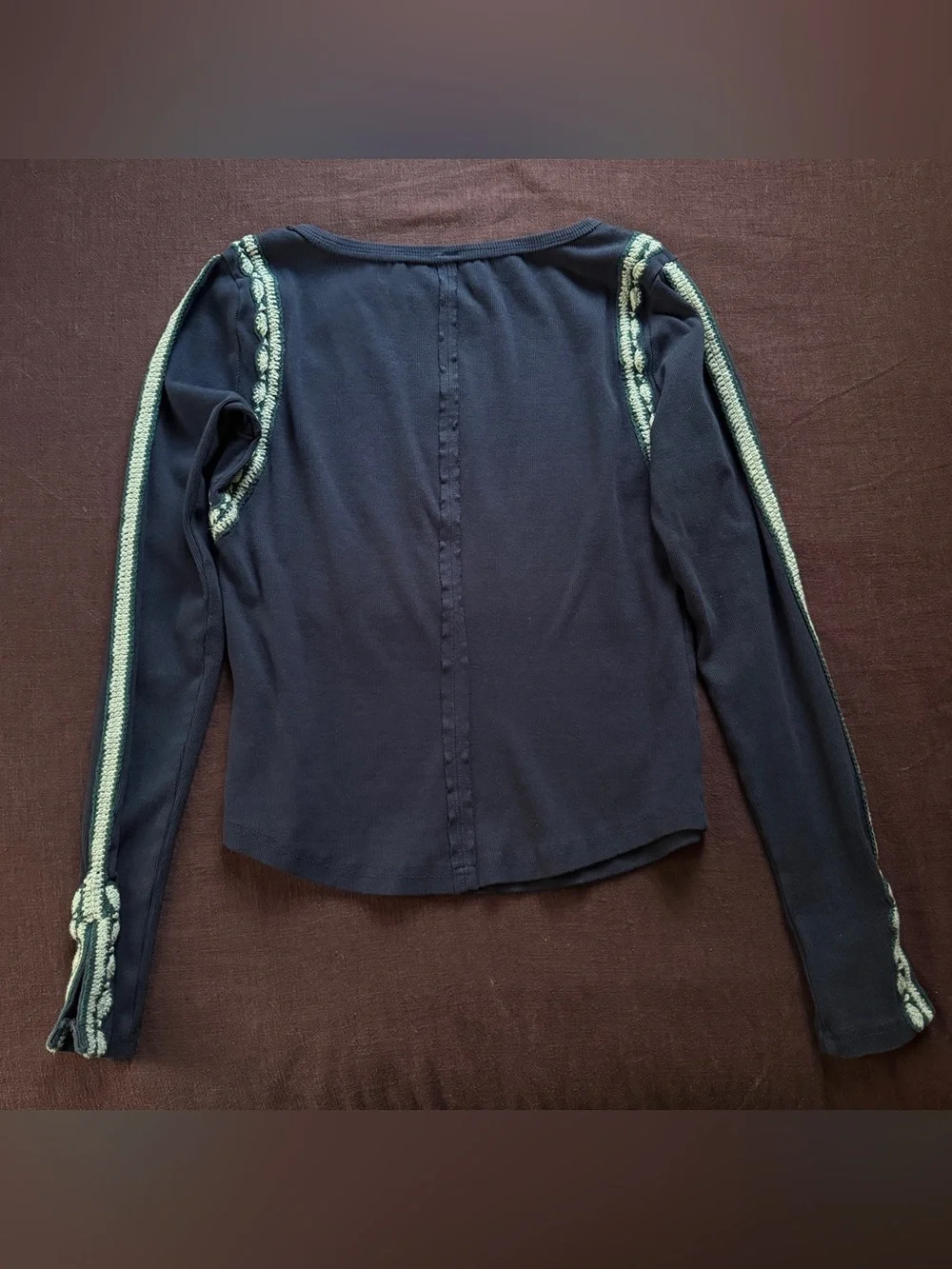 Free People Lost Love Long Sleeve Top Navy Crochet Trim Size L